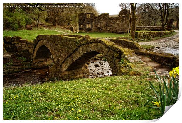Wycoller packhorse bridge and hall ruins. Print by David Birchall