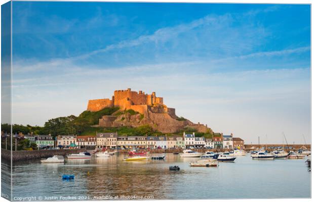 Mont Orgueil and the harbour of Gorey, Jersey, Cha Canvas Print by Justin Foulkes