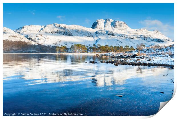 Slioch reflected in the waters of Loch Maree Print by Justin Foulkes