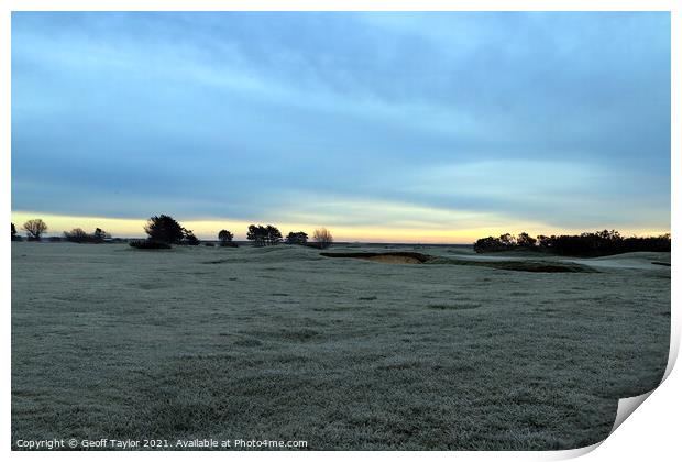 Golf course at sunrise Print by Geoff Taylor