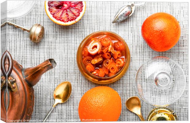 Orange fruit jam in stylish glass jar,top view Canvas Print by Mykola Lunov Mykola