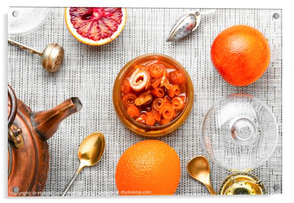 Orange fruit jam in stylish glass jar,top view Acrylic by Mykola Lunov Mykola