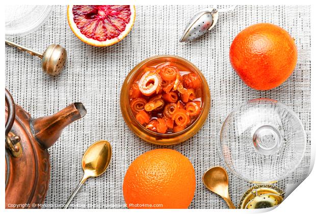 Orange fruit jam in stylish glass jar,top view Print by Mykola Lunov Mykola