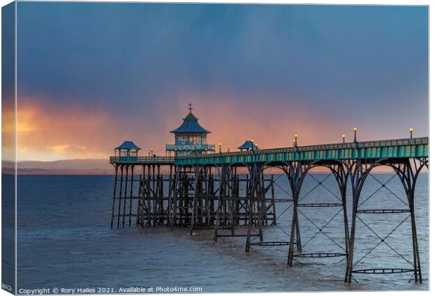 Clevedon Pier on a squally evening Canvas Print by Rory Hailes