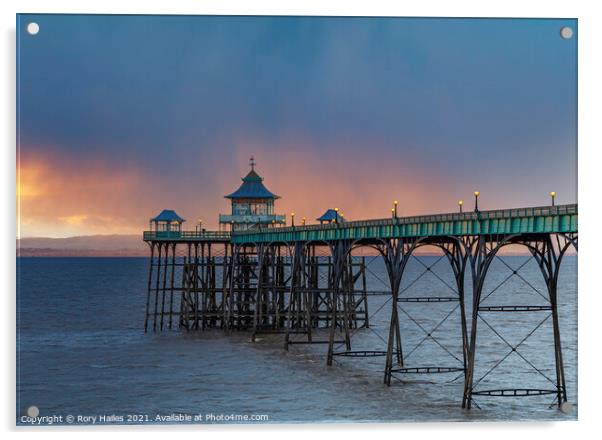 Clevedon Pier on a squally evening Acrylic by Rory Hailes