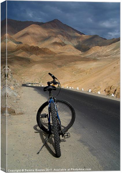 Mountain Biking down from Khardung La Canvas Print by Serena Bowles
