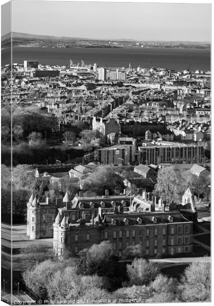 Holyrood Palace in Edinburgh Scotland with the city & Firth of Forth behind. Canvas Print by Philip Leonard