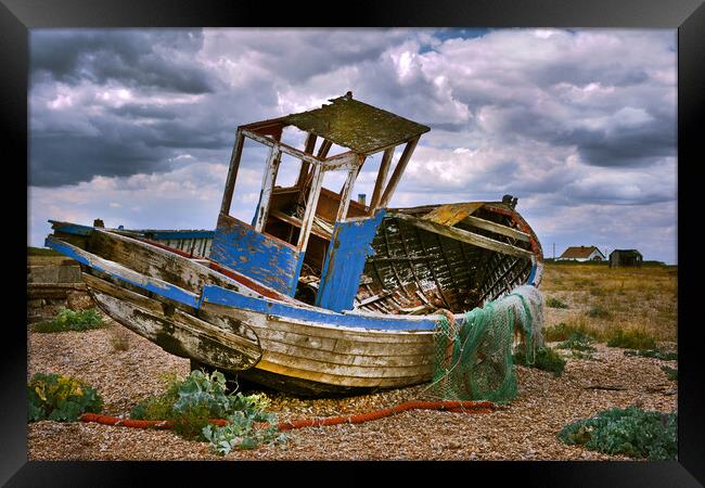 Wrecked Trawler at Dungeness Beach Framed Print by Dave Williams