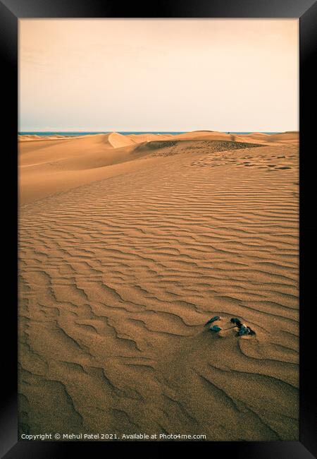 Layers of sand and footprints  on the dunes of Maspalomas, Gran Canaria, Canary Islands, Spain Framed Print by Mehul Patel