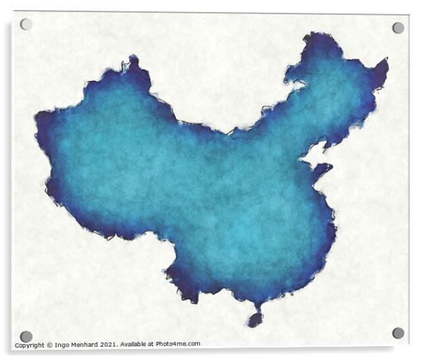 China map with drawn lines and blue watercolor illustration Acrylic by Ingo Menhard