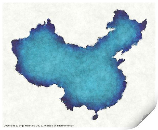 China map with drawn lines and blue watercolor illustration Print by Ingo Menhard