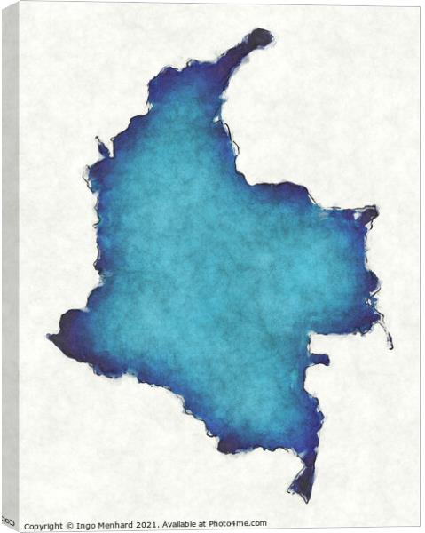 Colombia map with drawn lines and blue watercolor illustration Canvas Print by Ingo Menhard