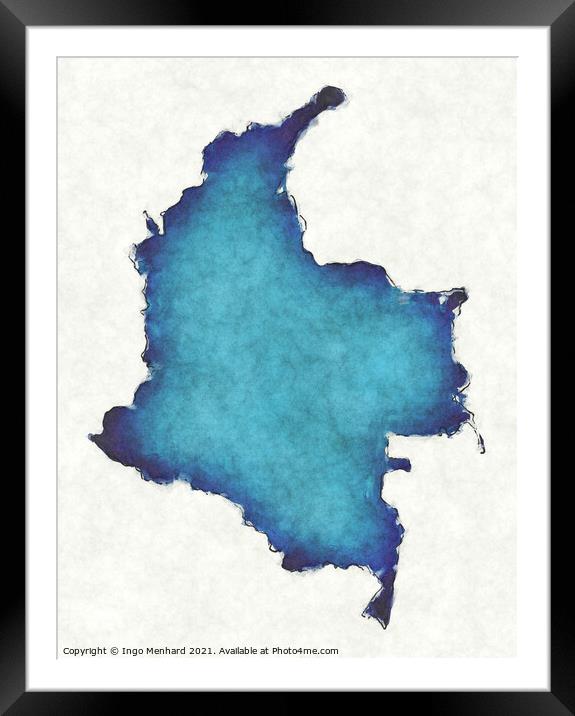 Colombia map with drawn lines and blue watercolor illustration Framed Mounted Print by Ingo Menhard
