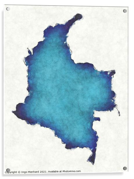 Colombia map with drawn lines and blue watercolor illustration Acrylic by Ingo Menhard
