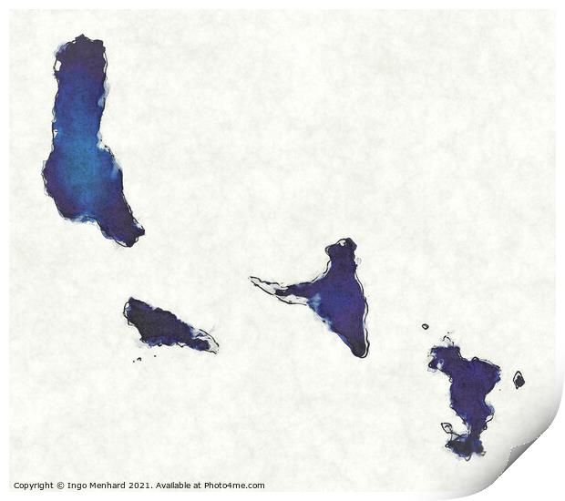 Comoros map with drawn lines and blue watercolor illustration Print by Ingo Menhard