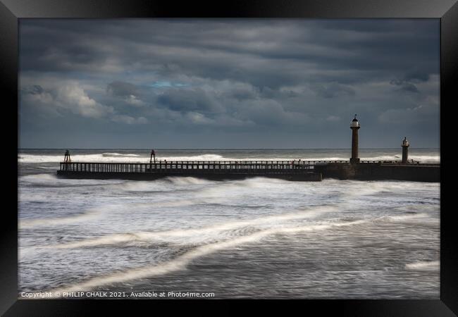 Rough tide at Whitby west  pier 467  Framed Print by PHILIP CHALK