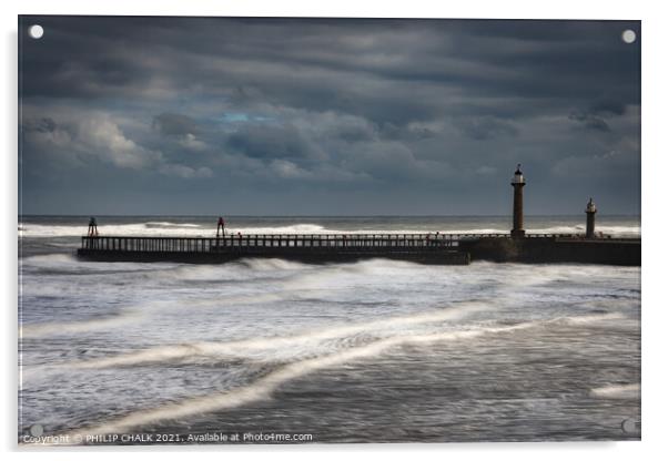 Rough tide at Whitby west  pier 467  Acrylic by PHILIP CHALK