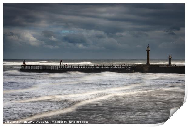 Rough tide at Whitby west  pier 467  Print by PHILIP CHALK