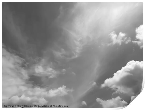 Fluffy cloud shape cloudscape in black and white. Print by Hanif Setiawan