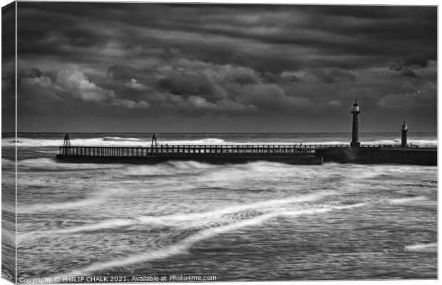 Whitby west pier in a storm 472  Canvas Print by PHILIP CHALK
