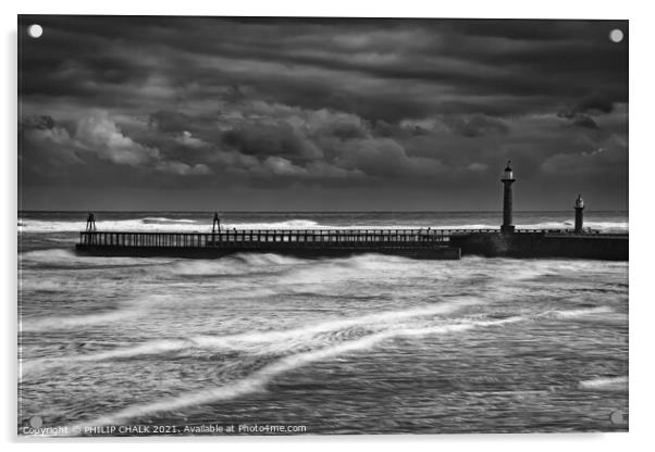 Whitby west pier in a storm 472  Acrylic by PHILIP CHALK