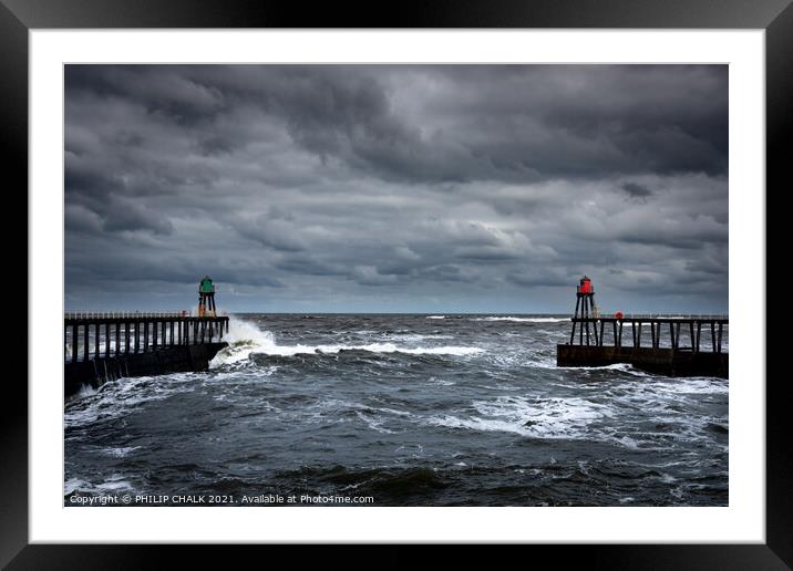 Twin Whitby piers on a stormy seas 474 Framed Mounted Print by PHILIP CHALK