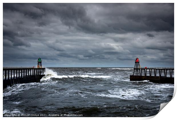 Twin Whitby piers on a stormy seas 474 Print by PHILIP CHALK
