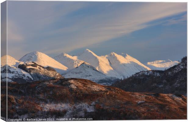 Five Sisters of Kintail in Winter Scotland Canvas Print by Barbara Jones