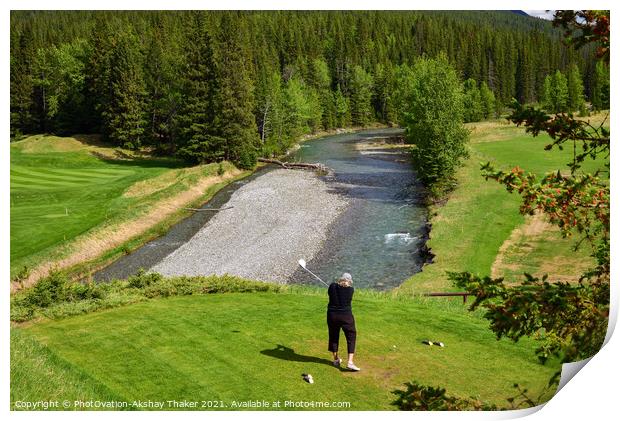 A woman is driving a golf ball on a beautiful golf course.  Print by PhotOvation-Akshay Thaker