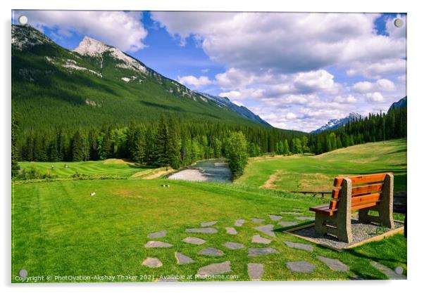 Lush green view of the golf ground in Banff National Park.  Acrylic by PhotOvation-Akshay Thaker