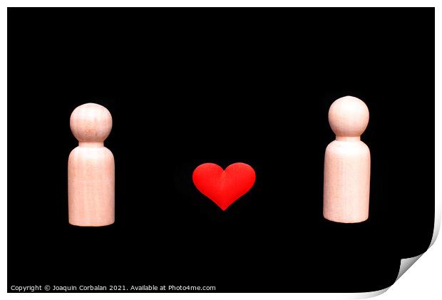 Wooden figures representing a homosexual couple of two gay men in love, with a beautiful red heart, isolated on a black background. Print by Joaquin Corbalan