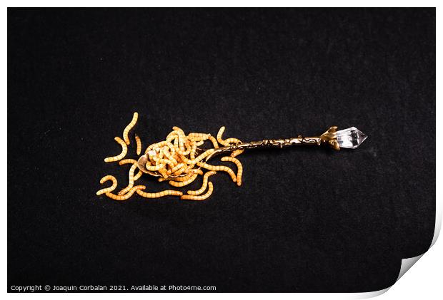 worms in a spoon, on an isolated disgusting background. Print by Joaquin Corbalan