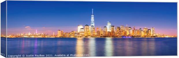Lower Manhattan skyline at night, from New Jersey Canvas Print by Justin Foulkes