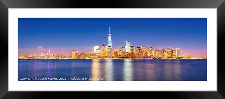 Lower Manhattan skyline at night, from New Jersey Framed Mounted Print by Justin Foulkes
