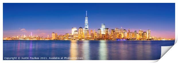 Lower Manhattan skyline at night, from New Jersey Print by Justin Foulkes