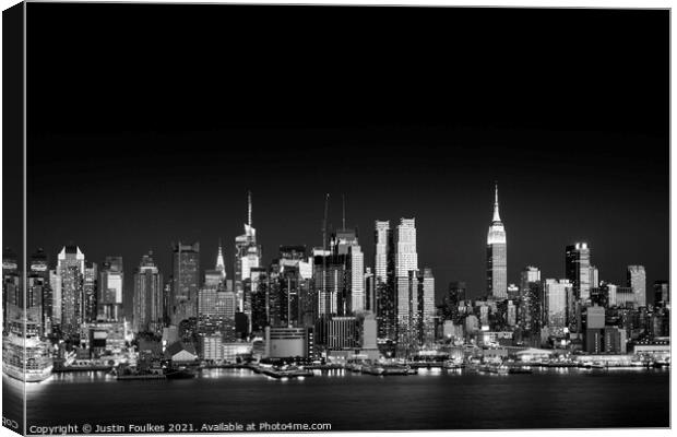 West Side skyline at night, New York  Canvas Print by Justin Foulkes