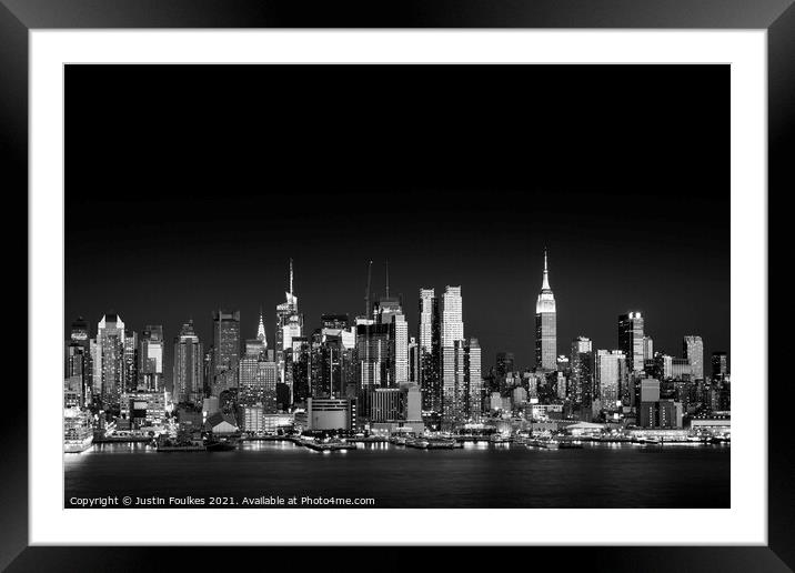 West Side skyline at night, New York  Framed Mounted Print by Justin Foulkes