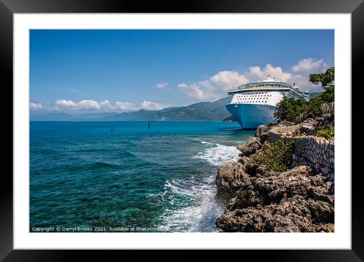Cruise Ship Docked Beyond Rocky Shore Framed Mounted Print by Darryl Brooks
