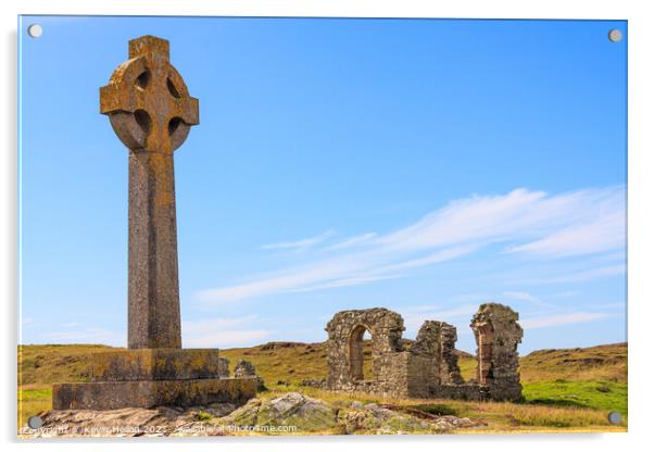Celtic cross and the remains of St. Dwynwen church Acrylic by Kevin Hellon