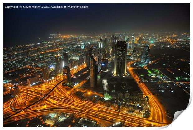 A night time view over Dubai, UAE, seen from the Burj Khalifa Print by Navin Mistry
