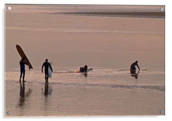 Surfers walking out to water with surfboards Acrylic by mark humpage