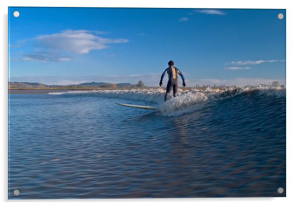 Lone surfer riding a wave on the river Severn Acrylic by mark humpage