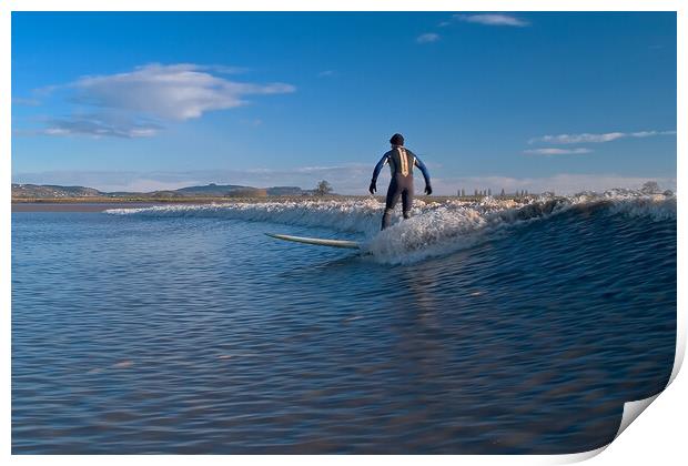 Lone surfer riding a wave on the river Severn Print by mark humpage