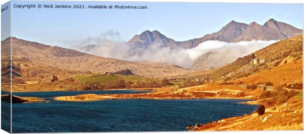 Panorama Snowdon Horseshoe from Llyn y Mymbyr Canvas Print by Nick Jenkins