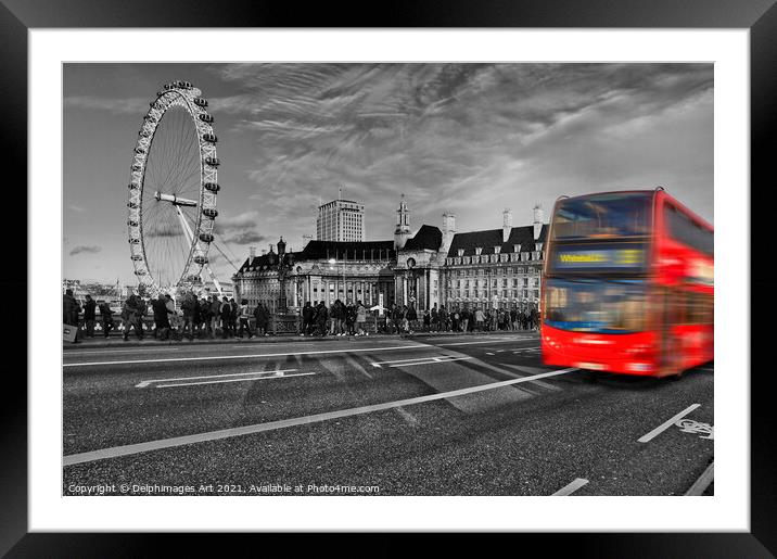Red bus on Westminster bridge, London, UK Framed Mounted Print by Delphimages Art