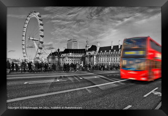 Red bus on Westminster bridge, London, UK Framed Print by Delphimages Art