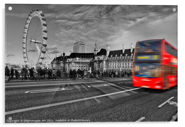 Red bus on Westminster bridge, London, UK Acrylic by Delphimages Art
