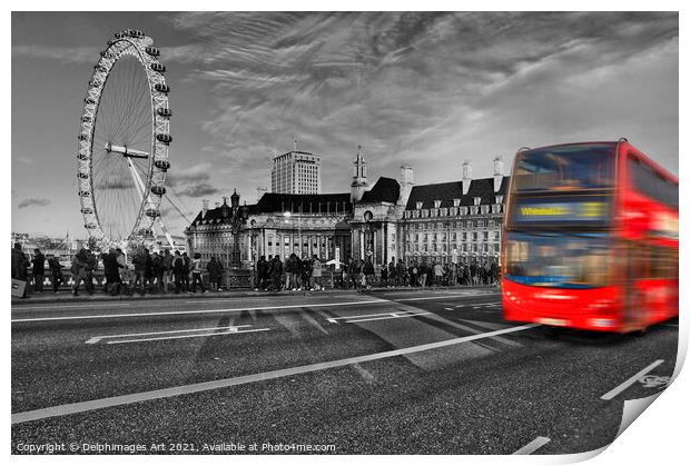 Red bus on Westminster bridge, London, UK Print by Delphimages Art