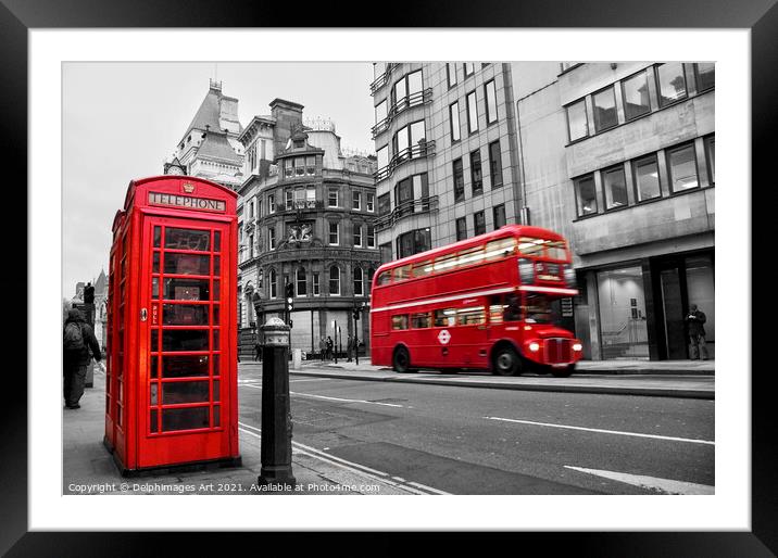 London. Red phone box and vintage bus Framed Mounted Print by Delphimages Art