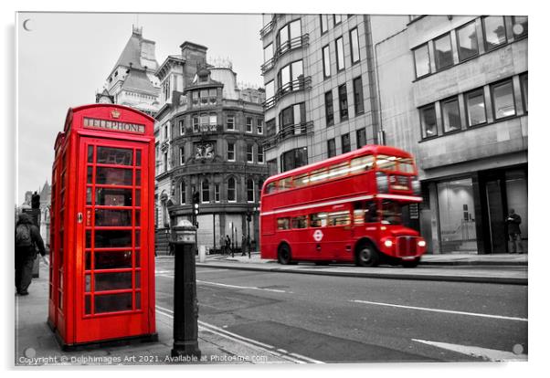 London. Red phone box and vintage bus Acrylic by Delphimages Art